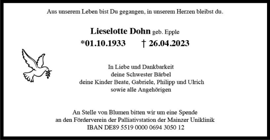 Traueranzeige von Lieselotte Dohn von Allgemeine Zeitung Mainz