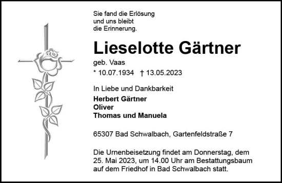Traueranzeige von Lieselotte Gärtner von Idsteiner Land/Untertaunus
