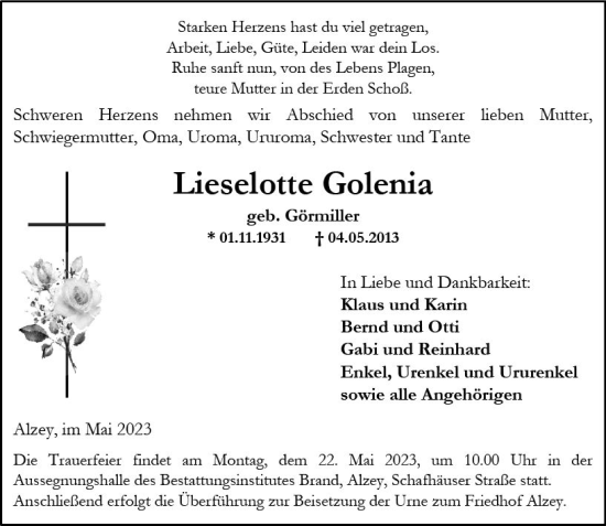 Traueranzeige von Lieselotte Golenia von Allgemeine Zeitung Alzey