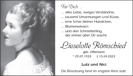 Traueranzeige von Lieselotte Römschied von Wetzlarer Neue Zeitung