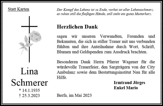Traueranzeige von Lina Schmerer von Oberhessen Kurier