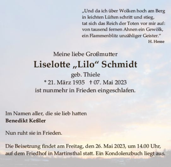 Traueranzeige von Liselotte Schmidt von Wiesbadener Kurier