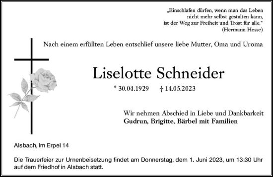 Traueranzeige von Liselotte Schneider von Darmstädter Echo