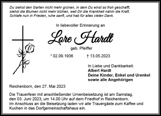 Traueranzeige von Lore Hardt von Weilburger Tageblatt