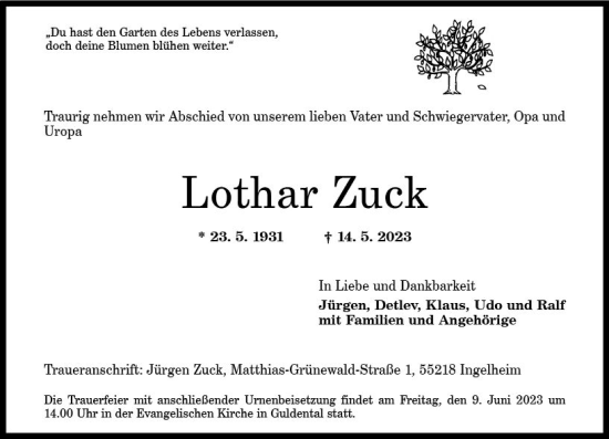 Traueranzeige von Lothar Zuck von Rüsselsheimer Echo