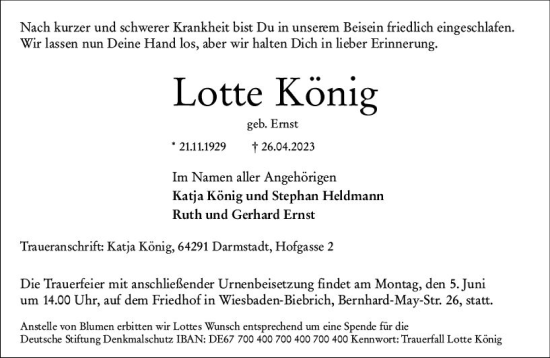 Traueranzeige von Lotte König von Wiesbadener Kurier
