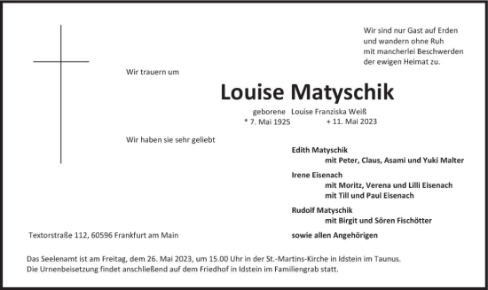 Traueranzeige von Louise Matyschik von Idsteiner Land/Untertaunus