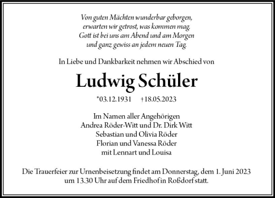 Traueranzeige von Ludwig Schüler von Darmstädter Echo