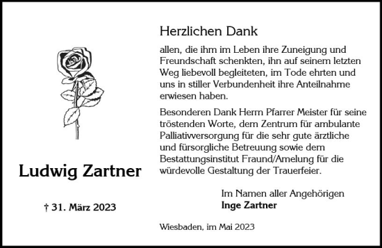 Traueranzeige von Ludwig Zartner von Wiesbadener Kurier