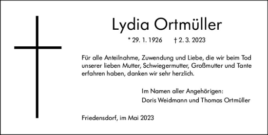 Traueranzeige von Lydia Ortmüller von Hinterländer Anzeiger