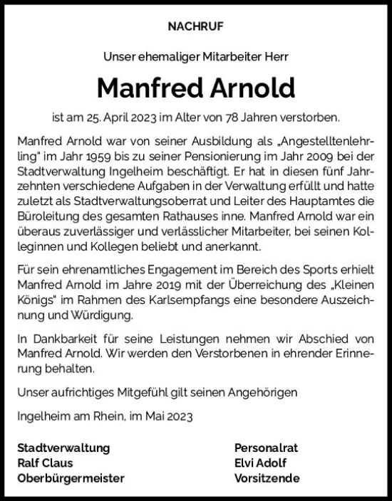 Traueranzeige von Manfred Arnold von Allgemeine Zeitung Bingen/Ingelheim