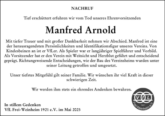 Traueranzeige von Manfred Arnold von Allgemeine Zeitung Bingen/Ingelheim