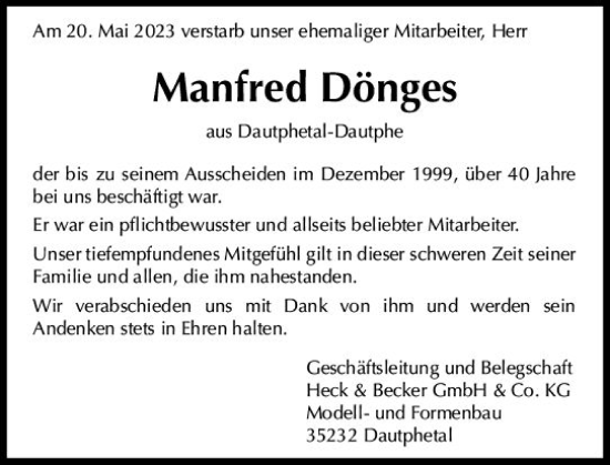 Traueranzeige von Manfred Dönges von Hinterländer Anzeiger
