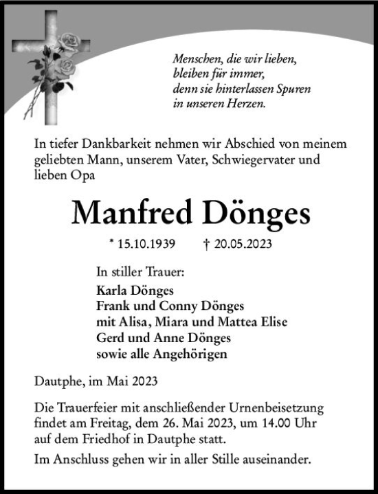 Traueranzeige von Manfred Dönges von Hinterländer Anzeiger