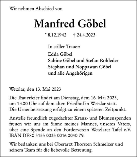 Traueranzeige von Manfred Göbel von Wetzlarer Neue Zeitung