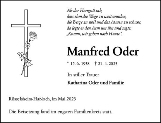 Traueranzeige von Manfred Oder von Rüsselsheimer Echo