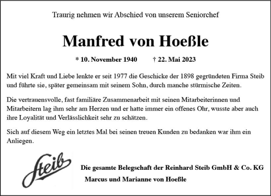 Traueranzeige von Manfred von Hoeßle von Wiesbadener Kurier
