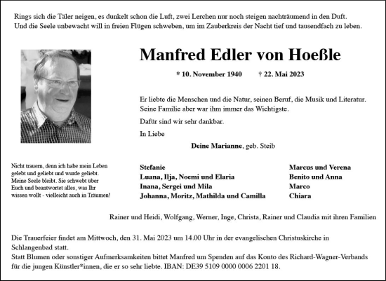 Traueranzeige von Manfred Edler von Hoeßle von Wiesbadener Kurier