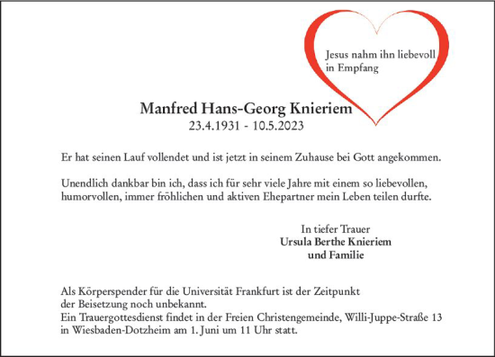 Traueranzeige von Manfred Hans-Georg Kneri Knieriem von Wiesbadener Kurier