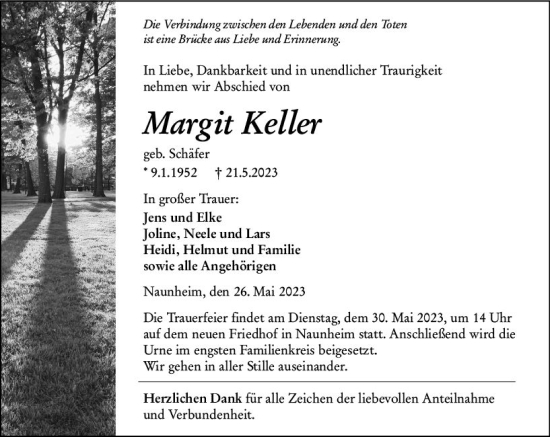 Traueranzeige von Margit Keller von Wetzlarer Neue Zeitung