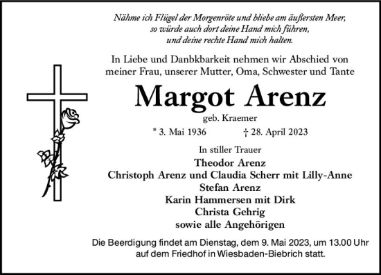 Traueranzeige von Margot Arenz von Wiesbadener Kurier