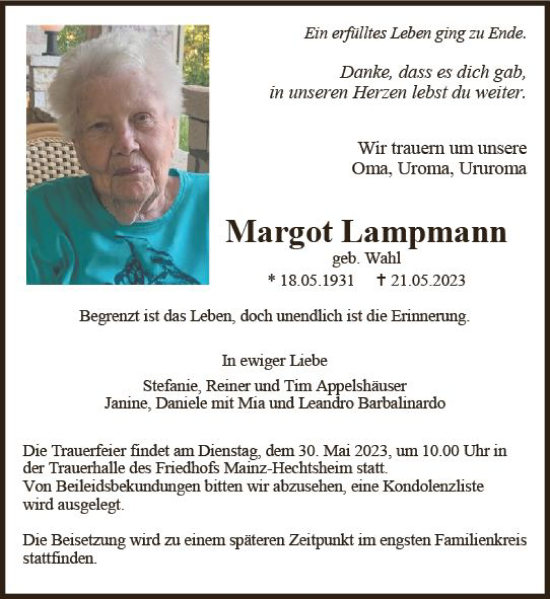 Traueranzeige von Margot Lampmann von Allgemeine Zeitung Mainz