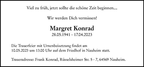 Traueranzeige von Margret Konrad von Rüsselsheimer Echo