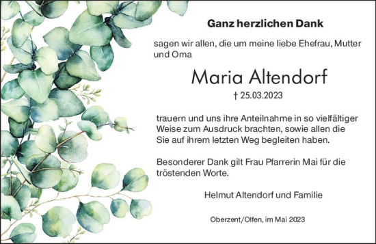 Traueranzeige von Maria Altendorf von Odenwälder Echo