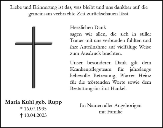 Traueranzeige von Maria Kuhl von Hinterländer Anzeiger