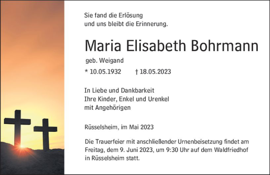 Traueranzeige von Maria Elisabeth Bohrmann von Rüsselsheimer Echo