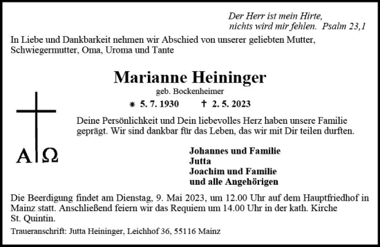 Traueranzeige von Marianne Heininger von Allgemeine Zeitung Mainz
