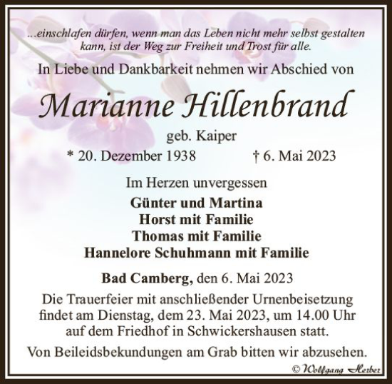 Traueranzeige von Marianne Hillenbrand von Camberger Anzeiger