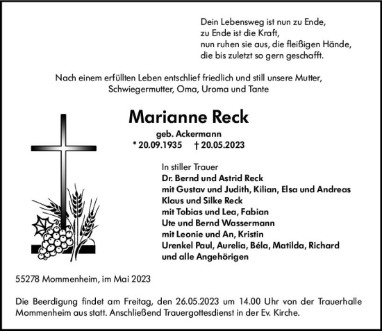 Traueranzeige von Marianne Reck von Allgemeine Zeitung Mainz