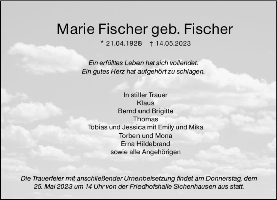 Traueranzeige von Marie Fischer von VRM Trauer