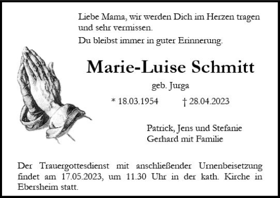 Traueranzeige von Marie-Luise Schmitt von Allgemeine Zeitung Mainz