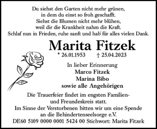 Traueranzeige von Marita Fitzek von Wiesbadener Kurier