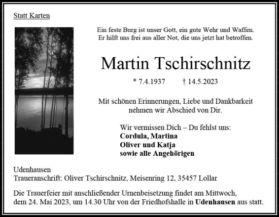 Traueranzeige von Martin Tschirschnitz von Oberhessen Kurier