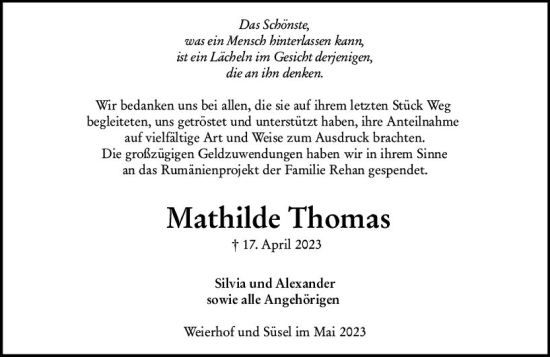 Traueranzeige von Mathilde Thomas von Wormser Zeitung