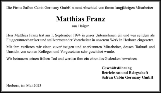 Traueranzeige von Matthias Franz von Dill Block