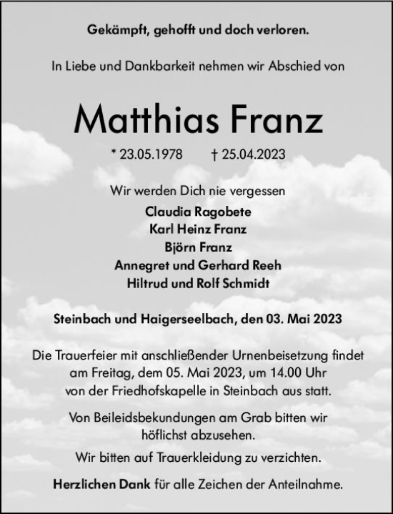 Traueranzeige von Matthias Franz von Dill Block