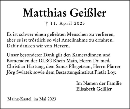 Traueranzeige von Matthias Geißler von Allgemeine Zeitung Mainz