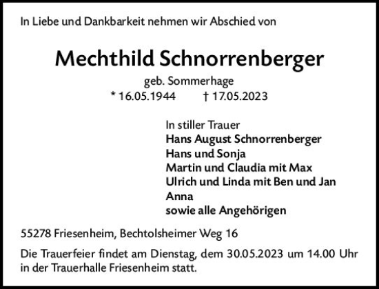 Traueranzeige von Mechthild Schnorrenberger von Allgemeine Zeitung Mainz