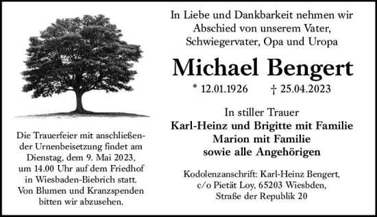Traueranzeige von Michael Bengert von Wiesbadener Kurier