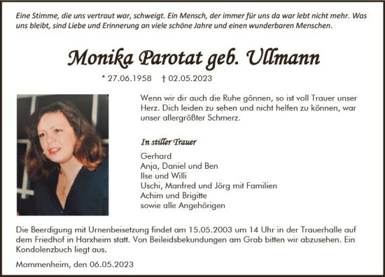 Traueranzeige von Monika Parotat von Allgemeine Zeitung Mainz
