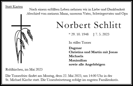 Traueranzeige von Norbert Schlitt von VRM Trauer
