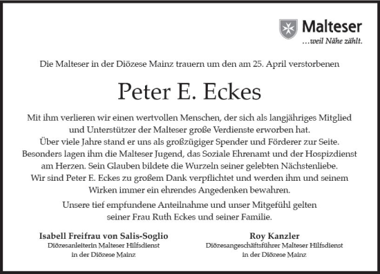 Traueranzeige von Peter Eugen Eckes von Allgemeine Zeitung Mainz