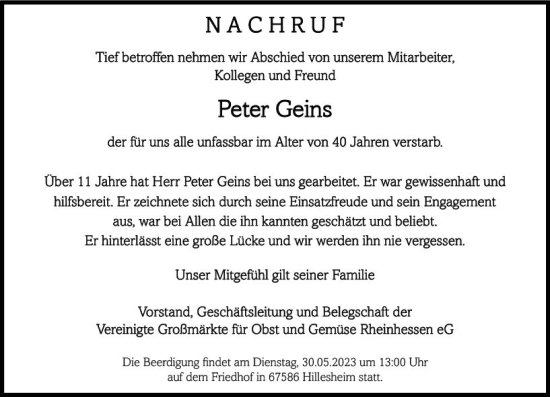 Traueranzeige von Peter Geins von Allgemeine Zeitung Bingen/Ingelheim