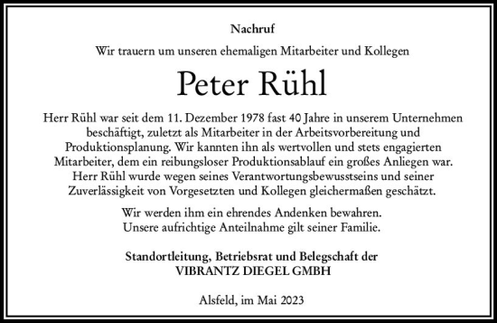 Traueranzeige von Peter Rühl von VRM Trauer