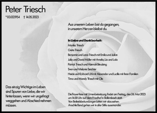 Traueranzeige von Peter Triesch von Dill Block