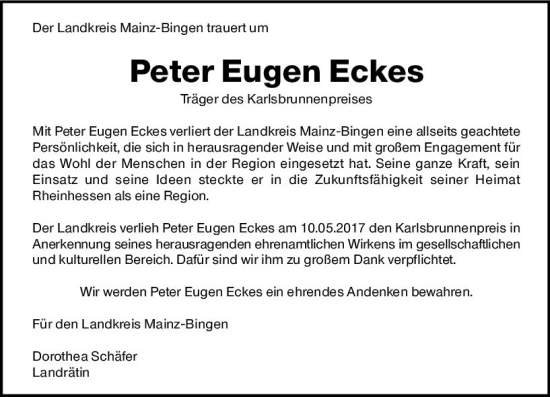 Traueranzeige von Peter Eugen Eckes von Allgemeine Zeitung Bingen/Ingelheim